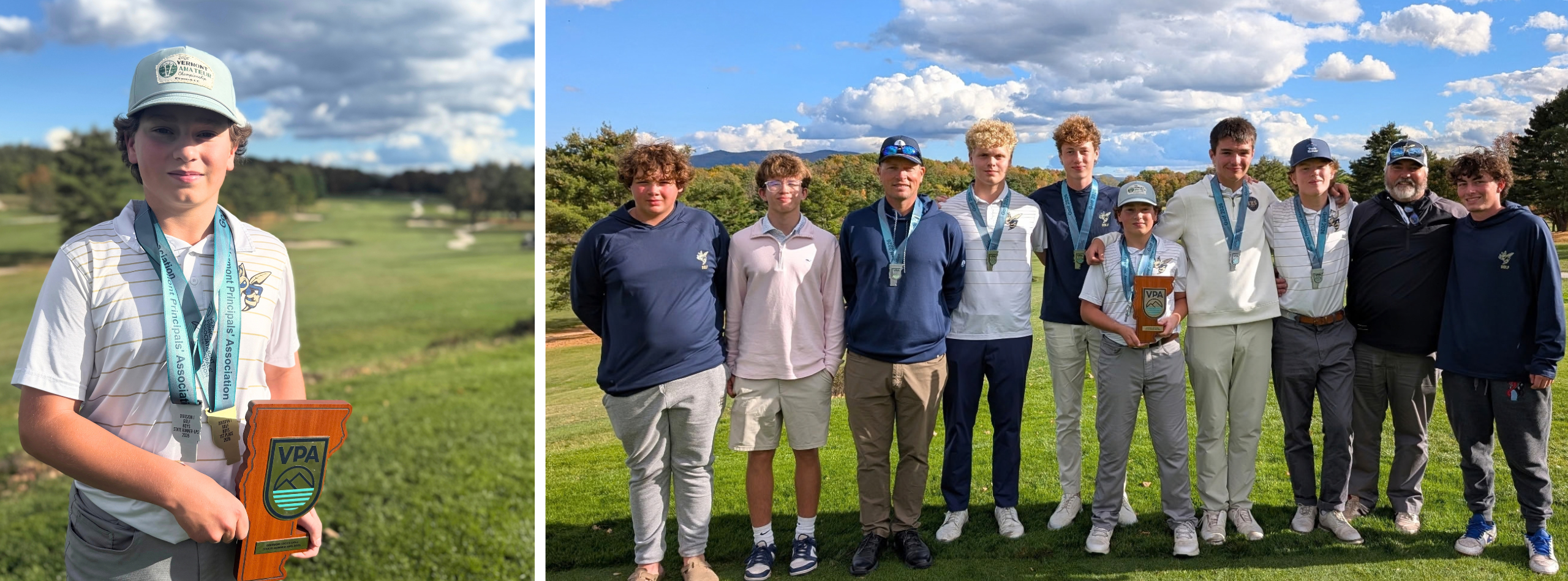 Two pictures of young men in caps and medals. One photo is of a boy alone, holding a trophy. Another photo shows a group of boys standing together in a field.