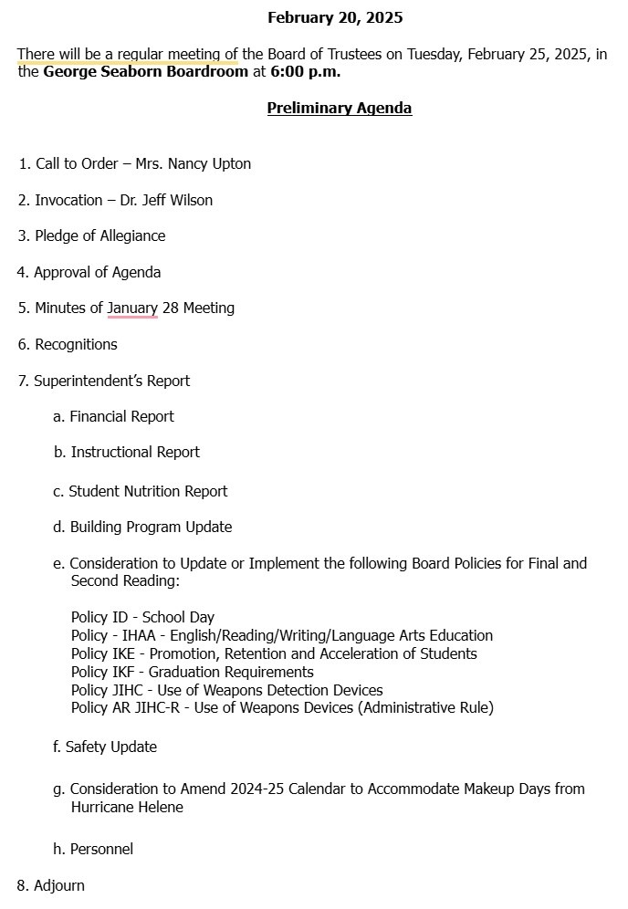 Preliminary Agenda  Feb 25, 2025