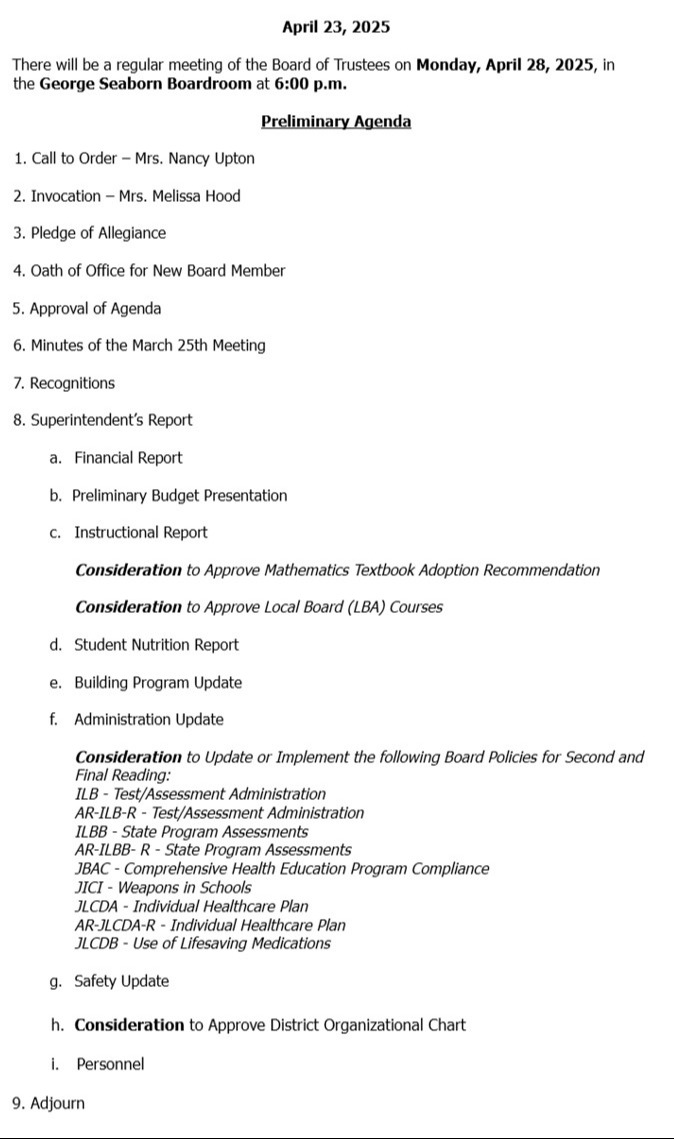 Preliminary Agenda  for April 28. 2025