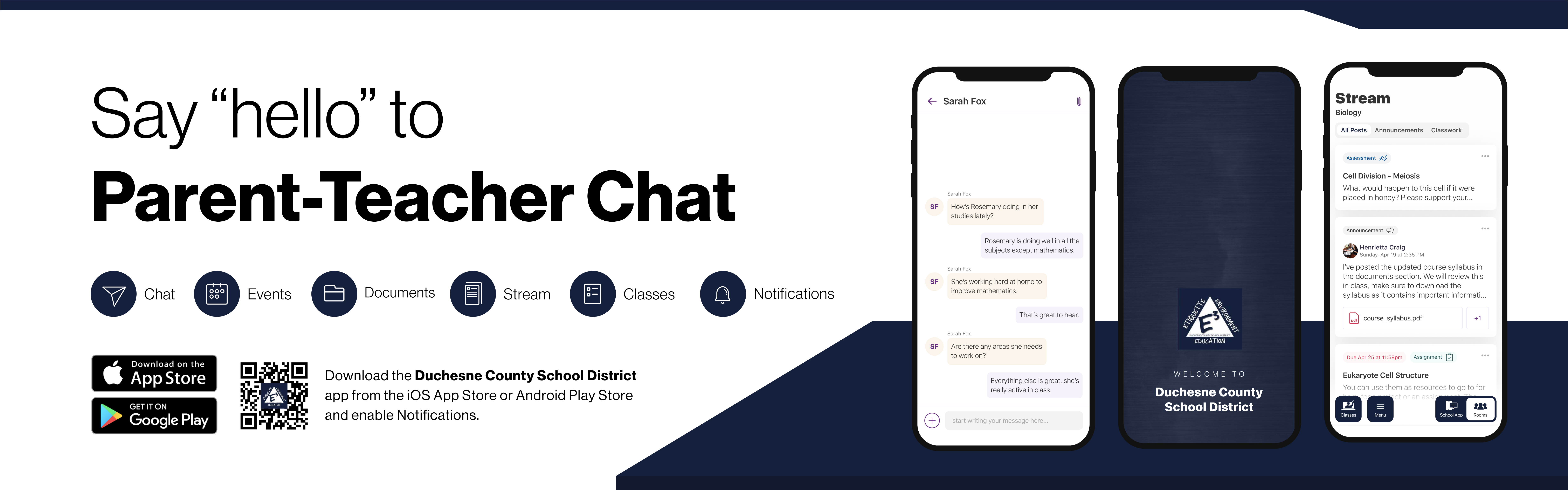 Say hello to Parent-Teacher chat in the new Rooms app. Download the Duchesne County School District app in the Google Play or Apple App store.