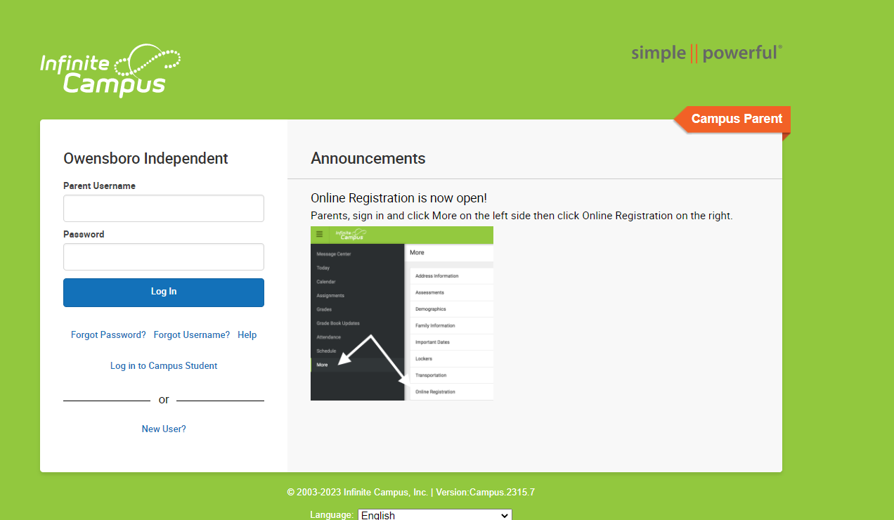 Log in screen of infinite campus screenshot showing you the location to type in username and password.