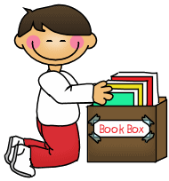 A drawing of a kid picking up a book from a box.