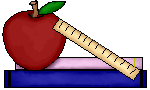 A drawing of a couple of books with an apple and a ruler on top.