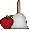 A drawing of an apple and a bell.