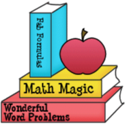 A drawing of 3 books of "Fab Formular", "Math Magic" and "Wonderful Word Problems"; and an apple on the top.