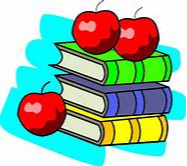 A drawing of 3 books with two apples on the top and one on the side.