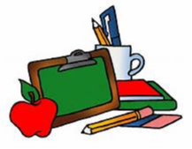 A drawing of an apple, blackboard, a couple of books, a cup, and some pencils.