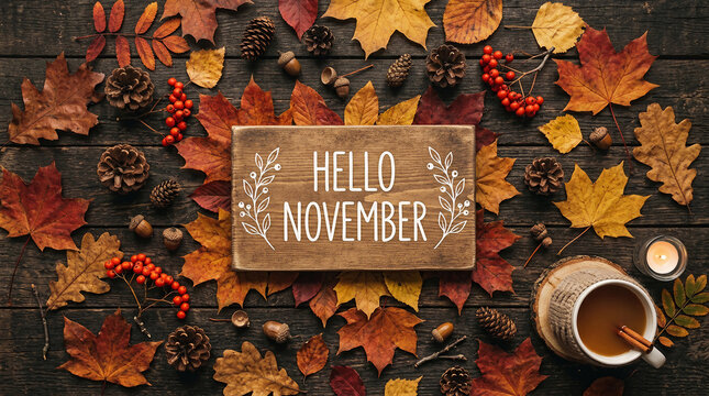 Hello Novmeber with fall colored leaves