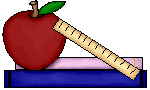 A drawing of two books with an apple and a ruler on the top.