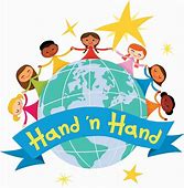 Hand 'n Hand. An image of the world surrounded by kids and a couple of yellow stars at the back.