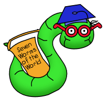 A drawing of a green worm holding a book called "Seven Worms of the World".