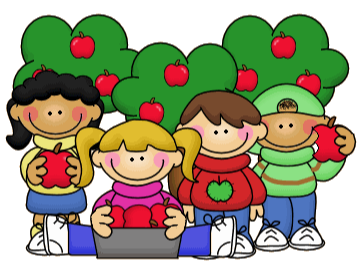 A drawing of 4 kids holding an apple with some apple trees at the back.