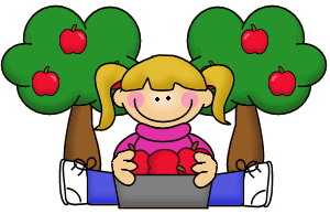 A drawing of a girl holding a bucket of apples with a couple of apple trees at the back.