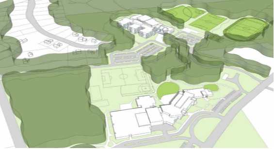 Concept drawing for middle school with Mill Brook and Broken Ground schools in the foreground