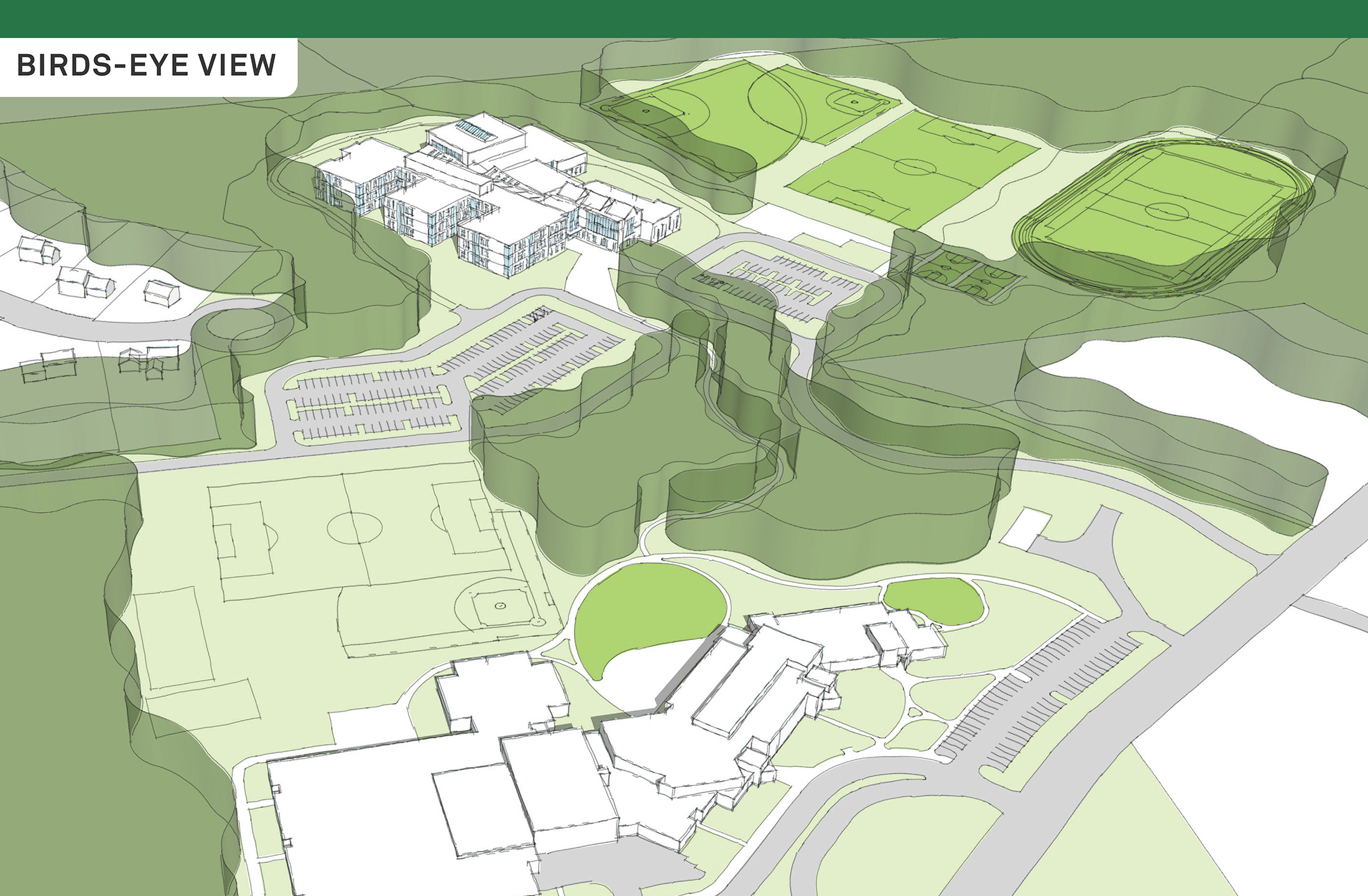 Concept drawing for middle school with three athletic fields in the background and Mill Brook & Broken Ground Schools in the foreground