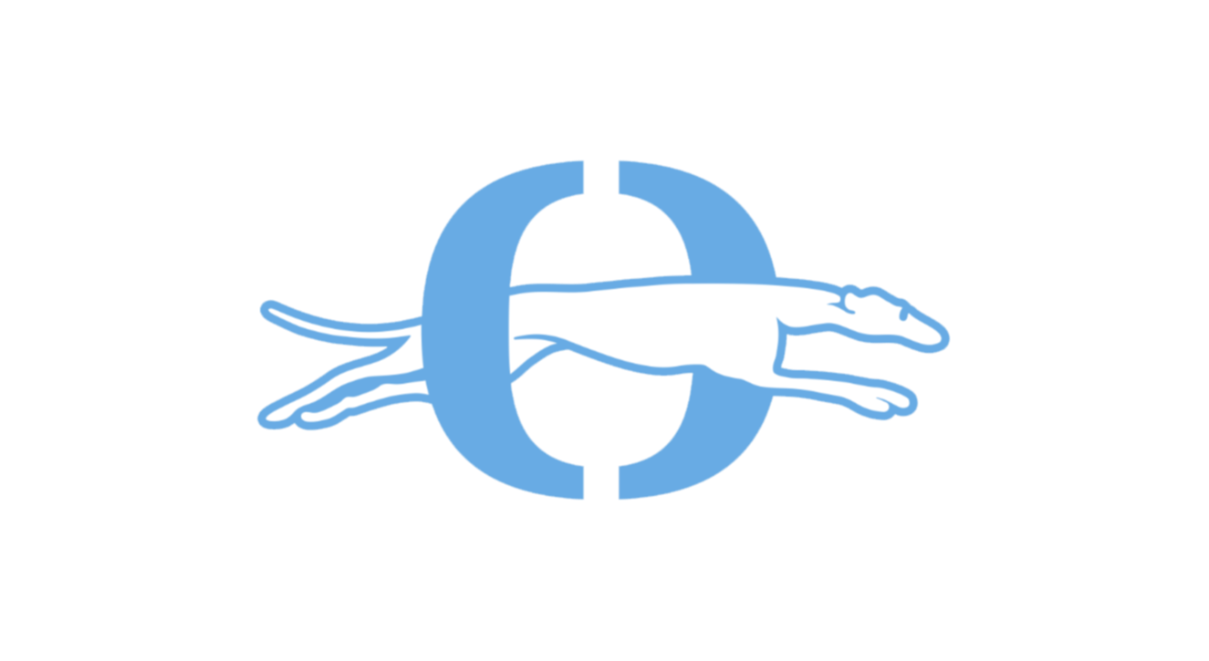 The Okeene logo, a whippet jumping through a blue letter O