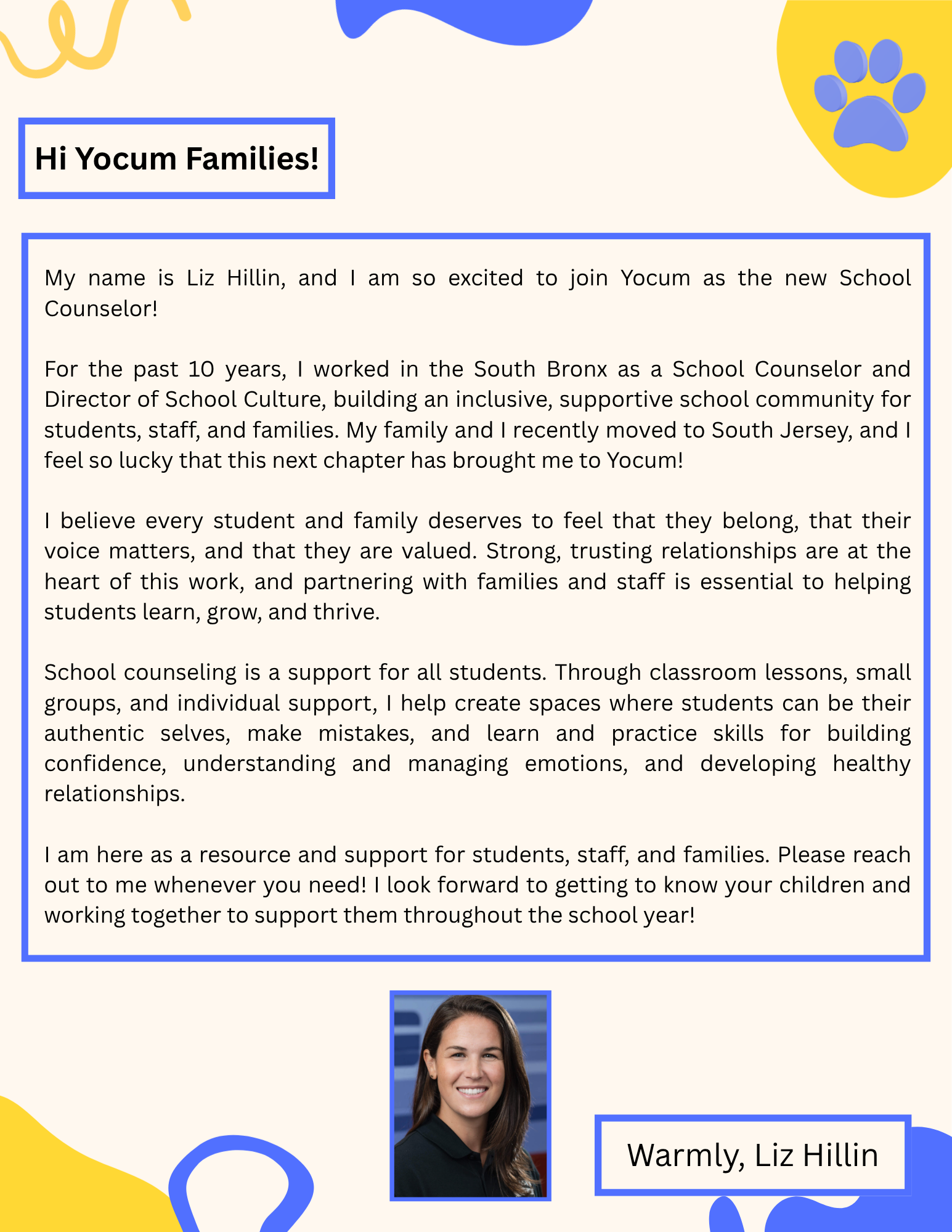 A page features a blue border and yellow paw print. It introduces Liz Hillin, a school counselor, and includes a photograph of her.