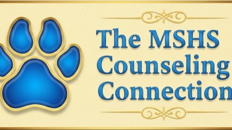 Logo with a blue paw print, text reads "The MSHS Counseling Connection". Background is beige.