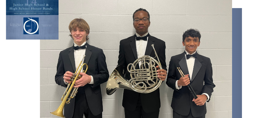 Congratulations to these PHS Viking musicians for being selected by audition to perform in the OMEA District 14 High School Honor Concert Band: Jayson Thompson and the OMEA District 14 High School Symphonic Band: Zach Burns and Adit Chiplonkar.  They will perform on Sunday, January 11, 2024 at 3:30pm at West Clermont High School. photo of students with insturments and OMEA Logo