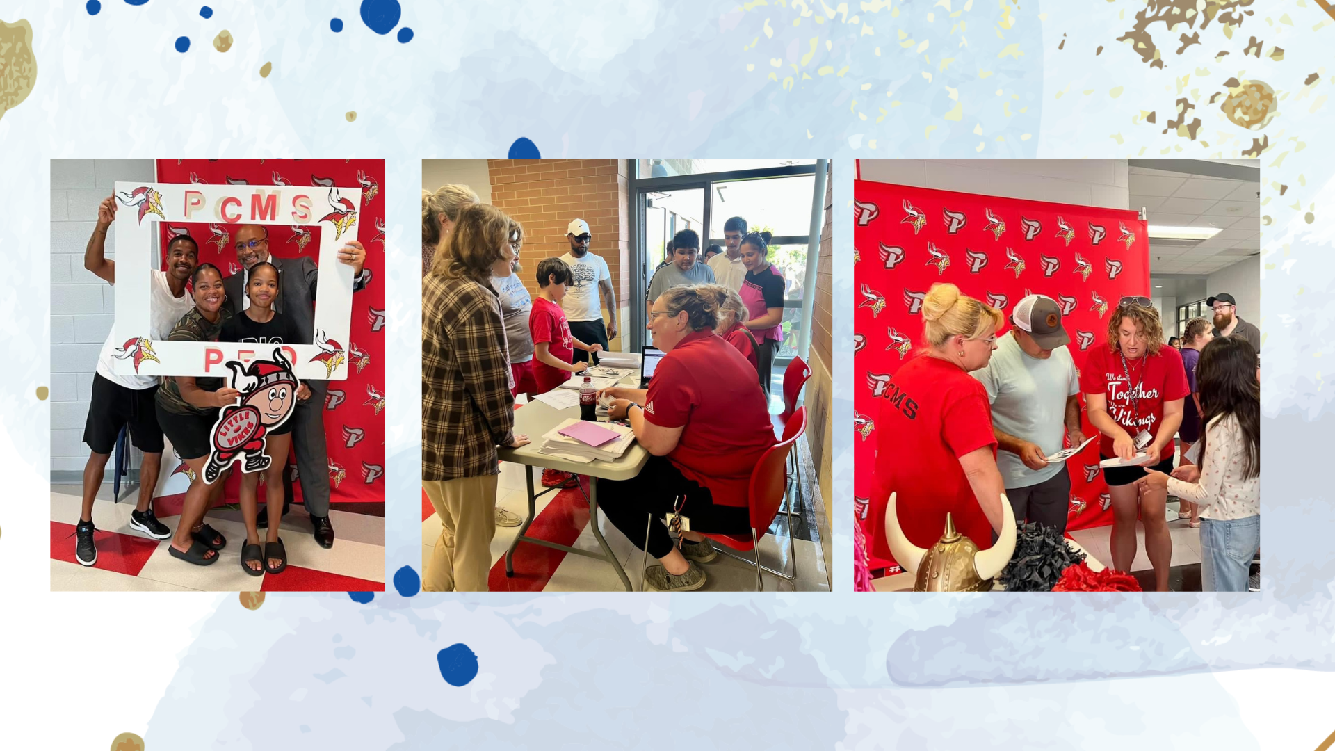 3 photos from the PCMS Schedule pick up, students, families and staff