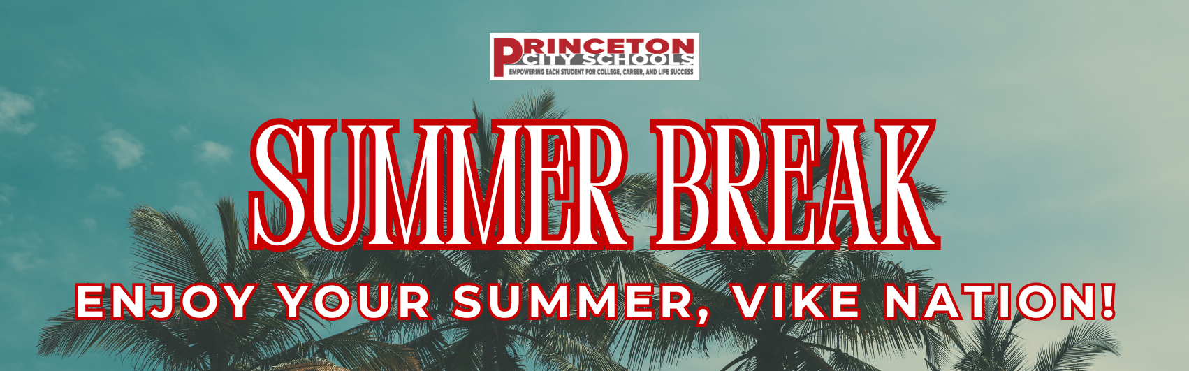 Graphic with a palm tree background and the Princeton City Schools logo on top with the words "Summer Break, Enjoy your summer, Vike Nation!" in white with red outline.