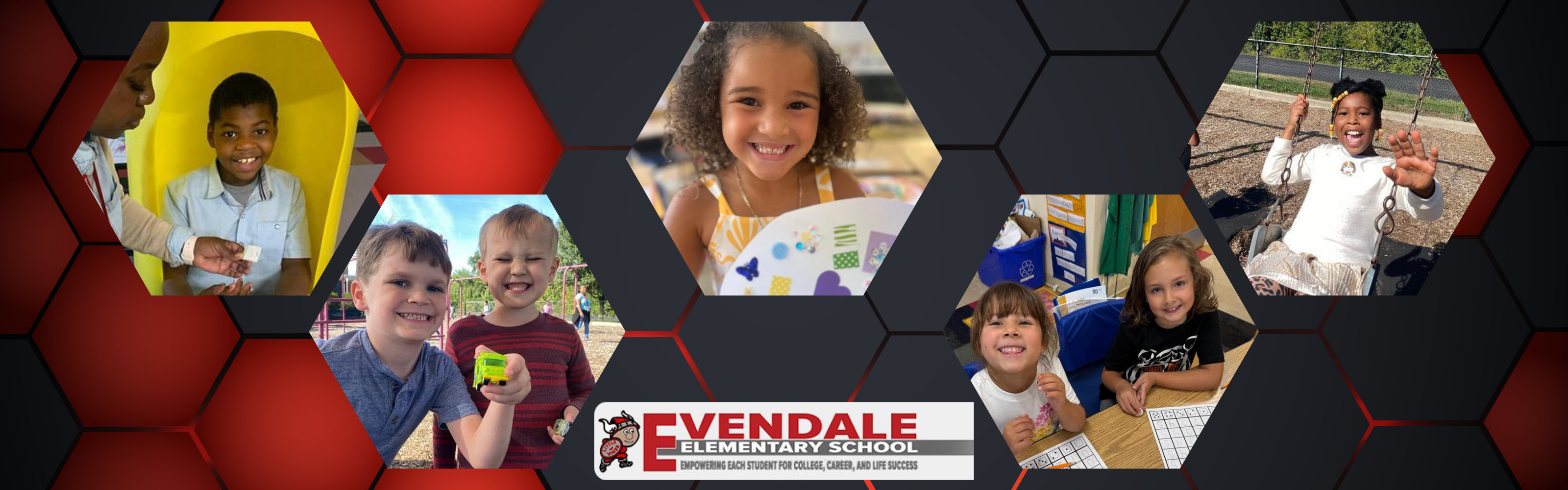 Photos of evendale elementary students on a background of honeycomb shaped red and black
