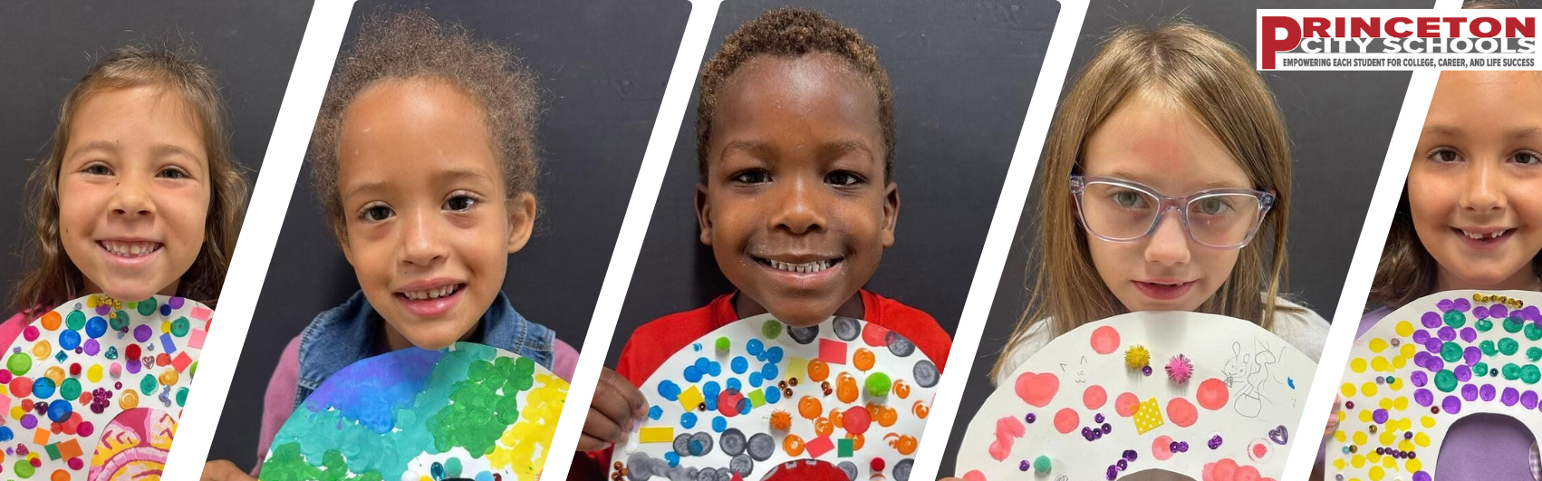 Photos of individual students from Evendale elementary showing the camera a rainbow craft project from the first week of school in 2026.