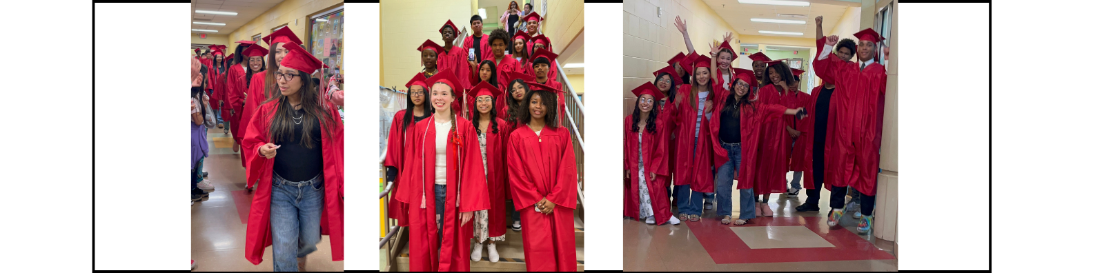 Seniors in cap and gown walking halls of HH as alumni