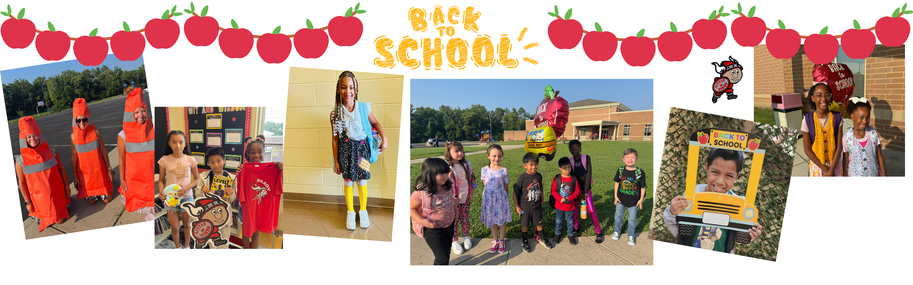 Photos of students and staff on the first day of school BACK TO SCHOOL lettering