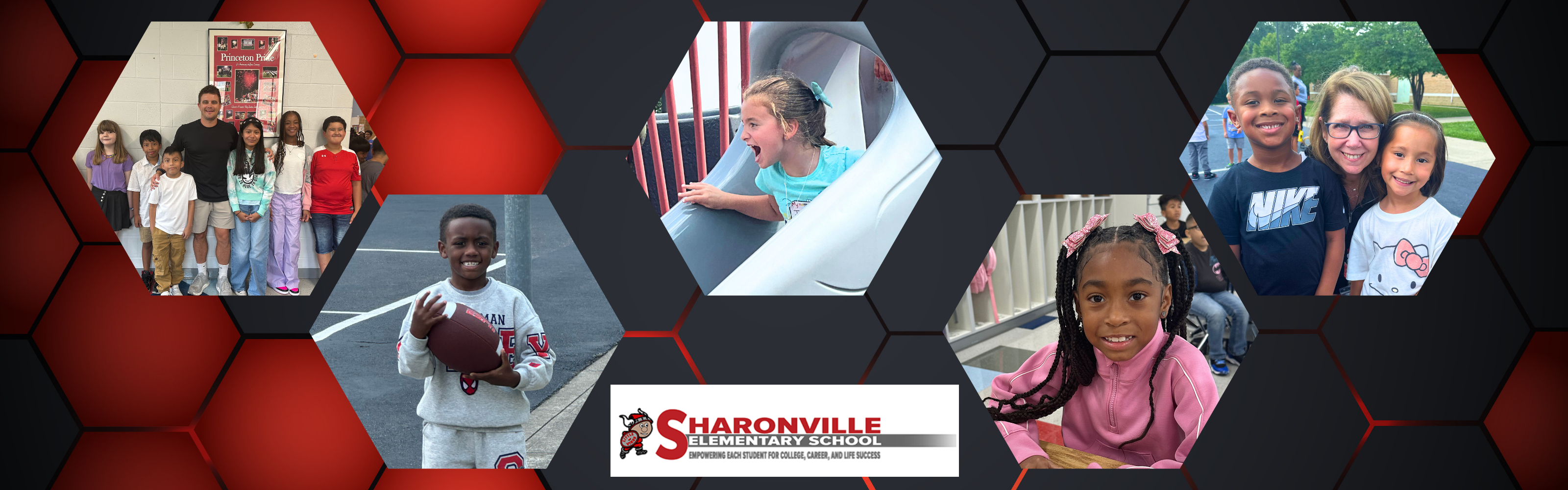Photos of students and staff in a black and red honeycomb collage