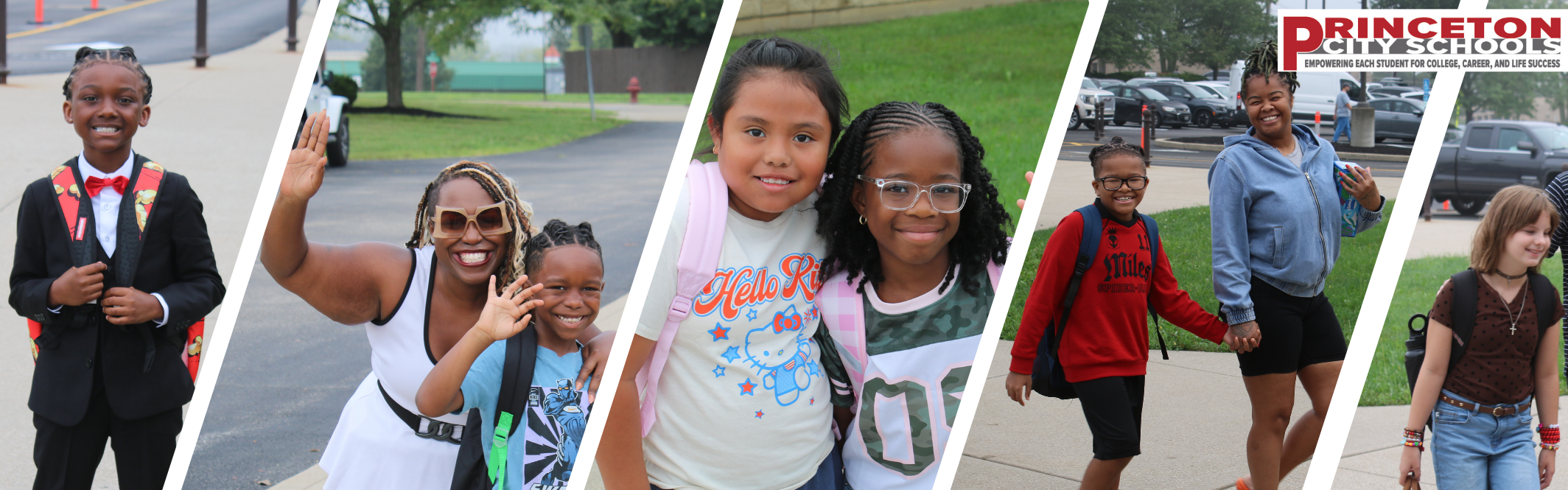 Photos of Springdale elementary students posing for a picture and/or walking into class on the First Day of School in 2026.