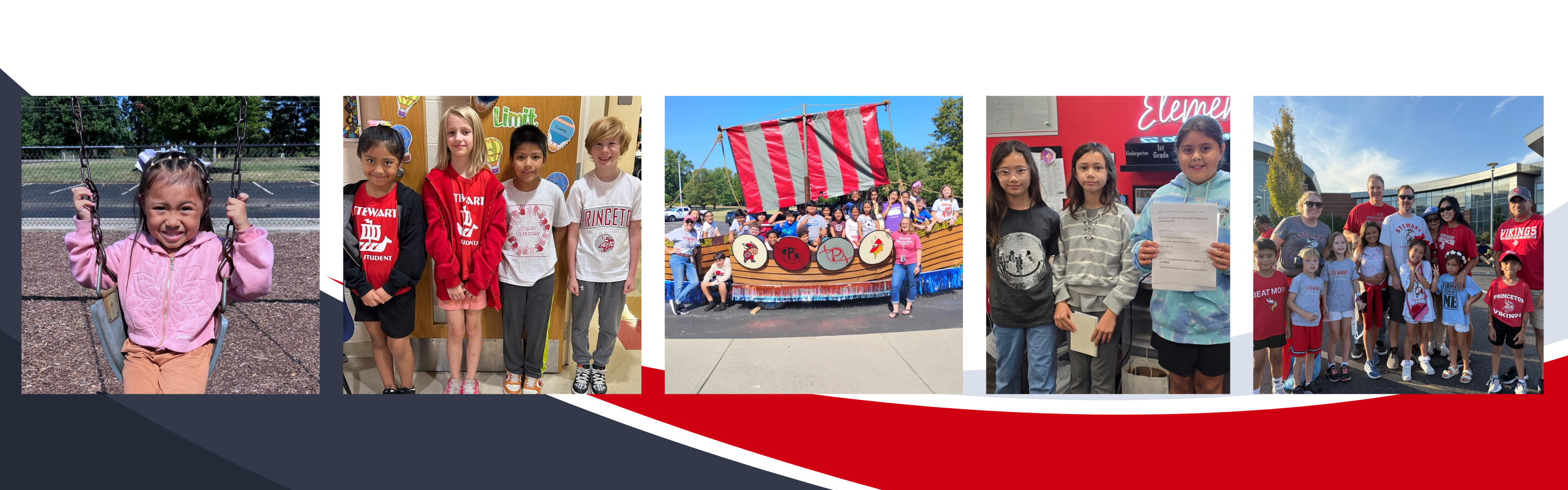 photos of students and staff at Stewart Elementary with red and gray and white background