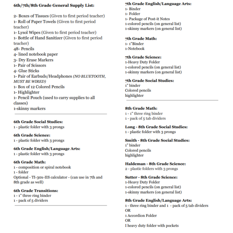 2024-2025 School Supplies List | Bucyrus City Schools