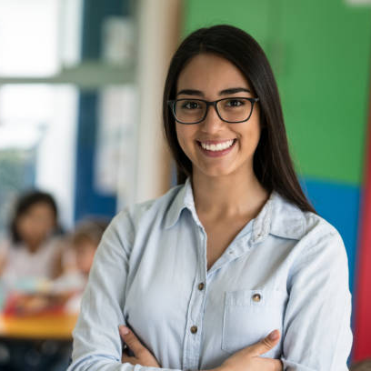 Teacher with students in background