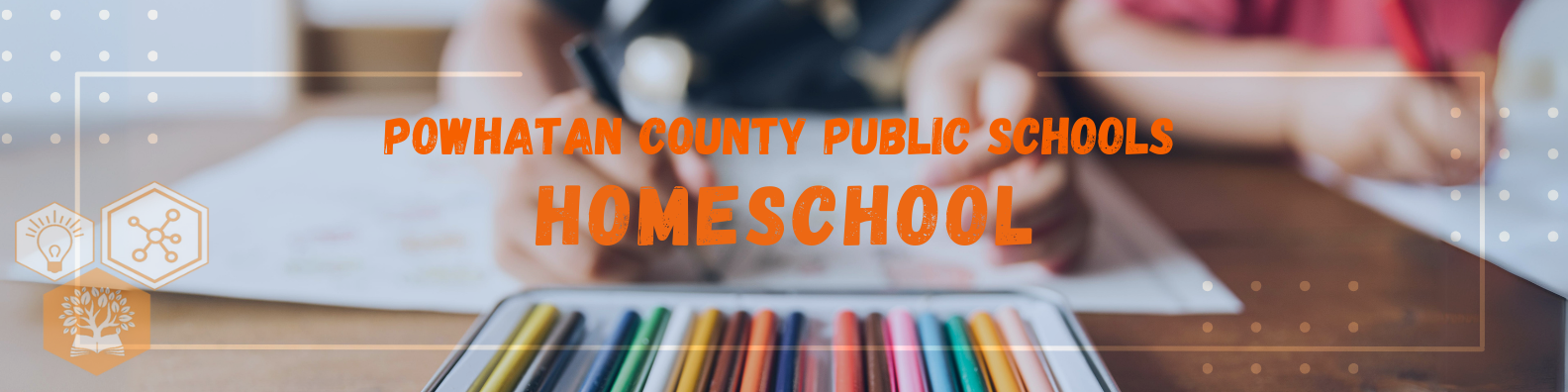 homeschool banner with two children with colored pencils in the background