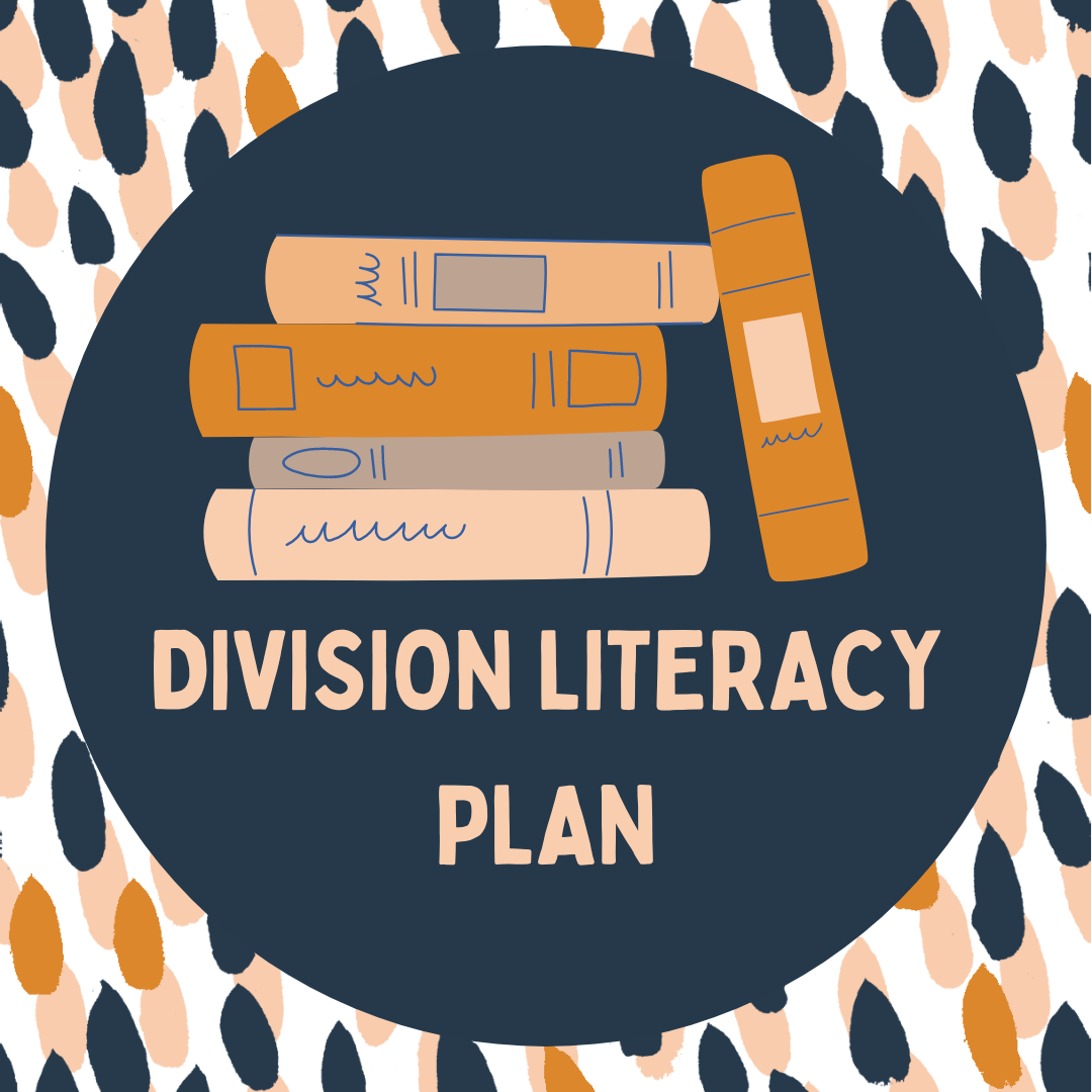 Division Literacy Plan Graphic with navy blue circle and cheetah print background