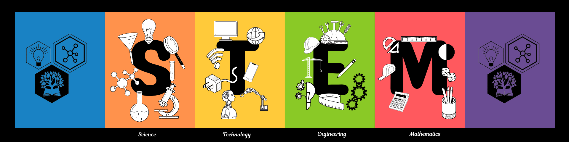 STEM banner picture with colorful squares and science emojis