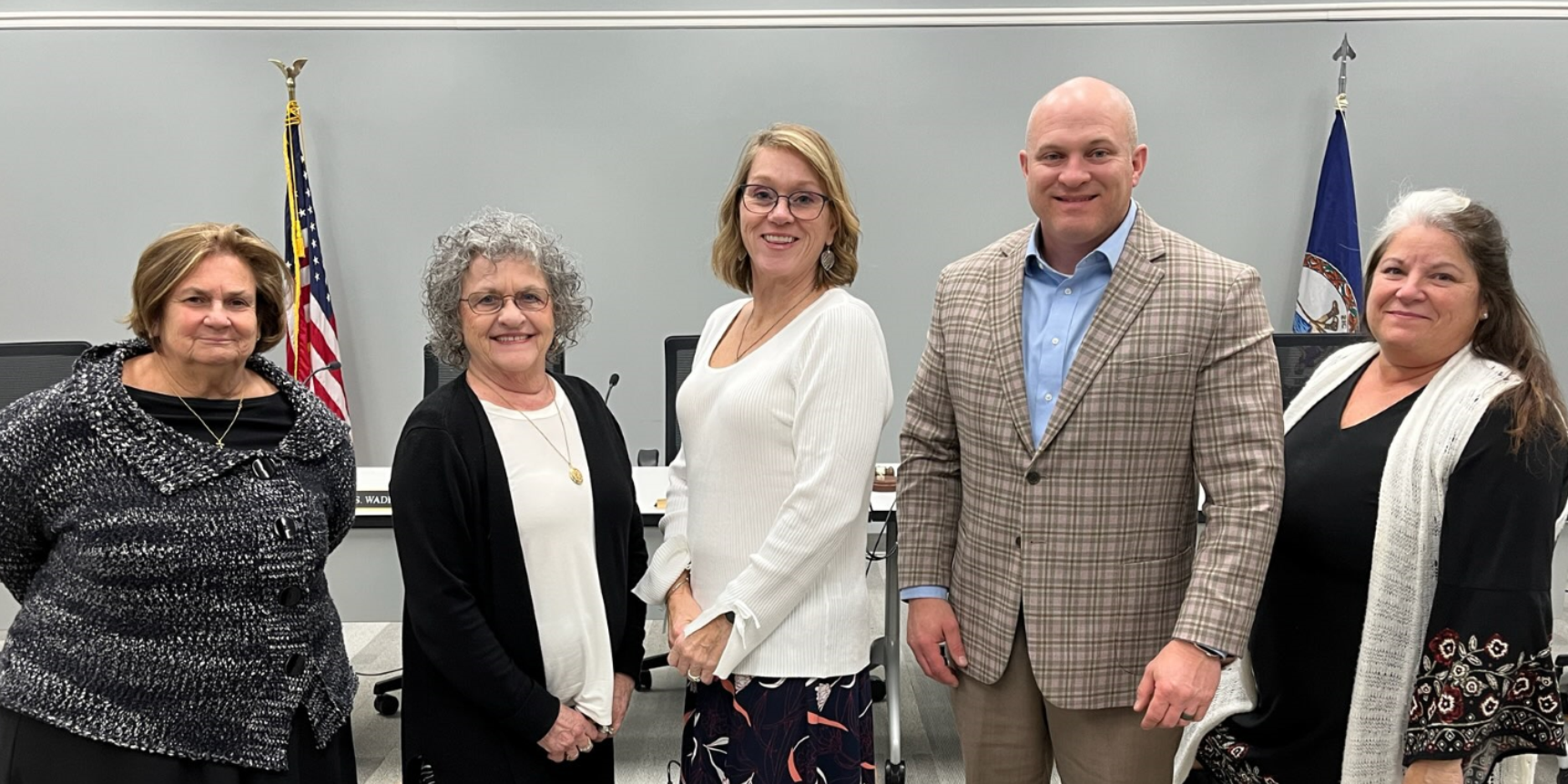 Vicki Hurt, Susan Smith, Jeanna Wade, James Taylor, Michele Ward (left to right). School Board Members