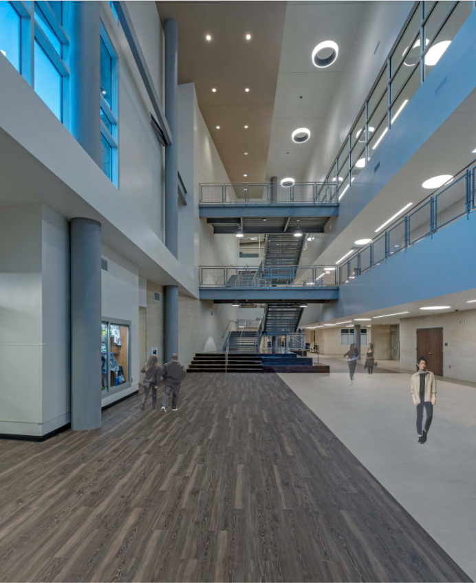 Interior corridor rendering of Autumn Ridge Middle School. The new campus will have a number of features to enrich learning, which include a media library and a Career and Technical Education wing.