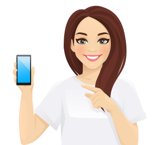 Graphic of lady holding and pointing to a phone