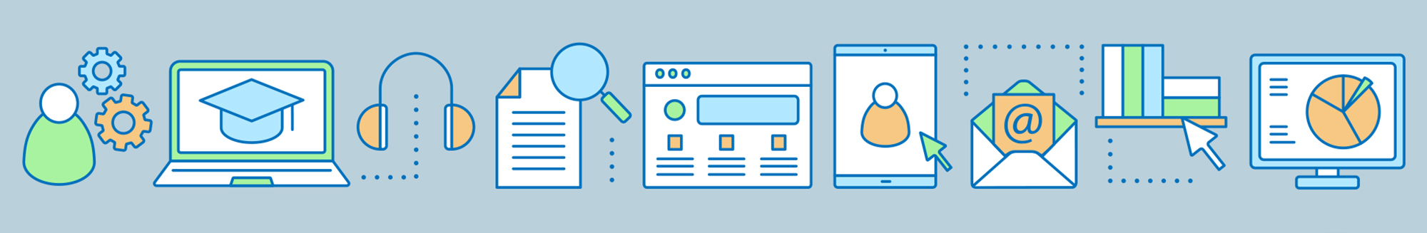 Graphic of a computer, pages, and internet things