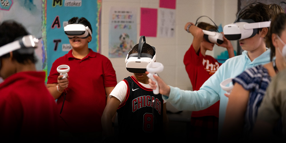 Kids wearing VR headsets