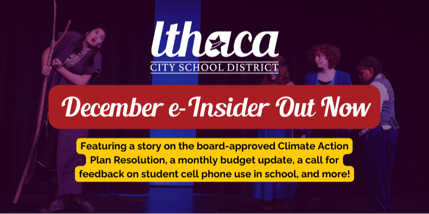 News story cover photo; text reads: "December e-Insider Out Now; Featuring a story on the board-approved Climate Action Plan Resolution, a monthly budget update, a call for feedback on student cell phone use in school, and more!