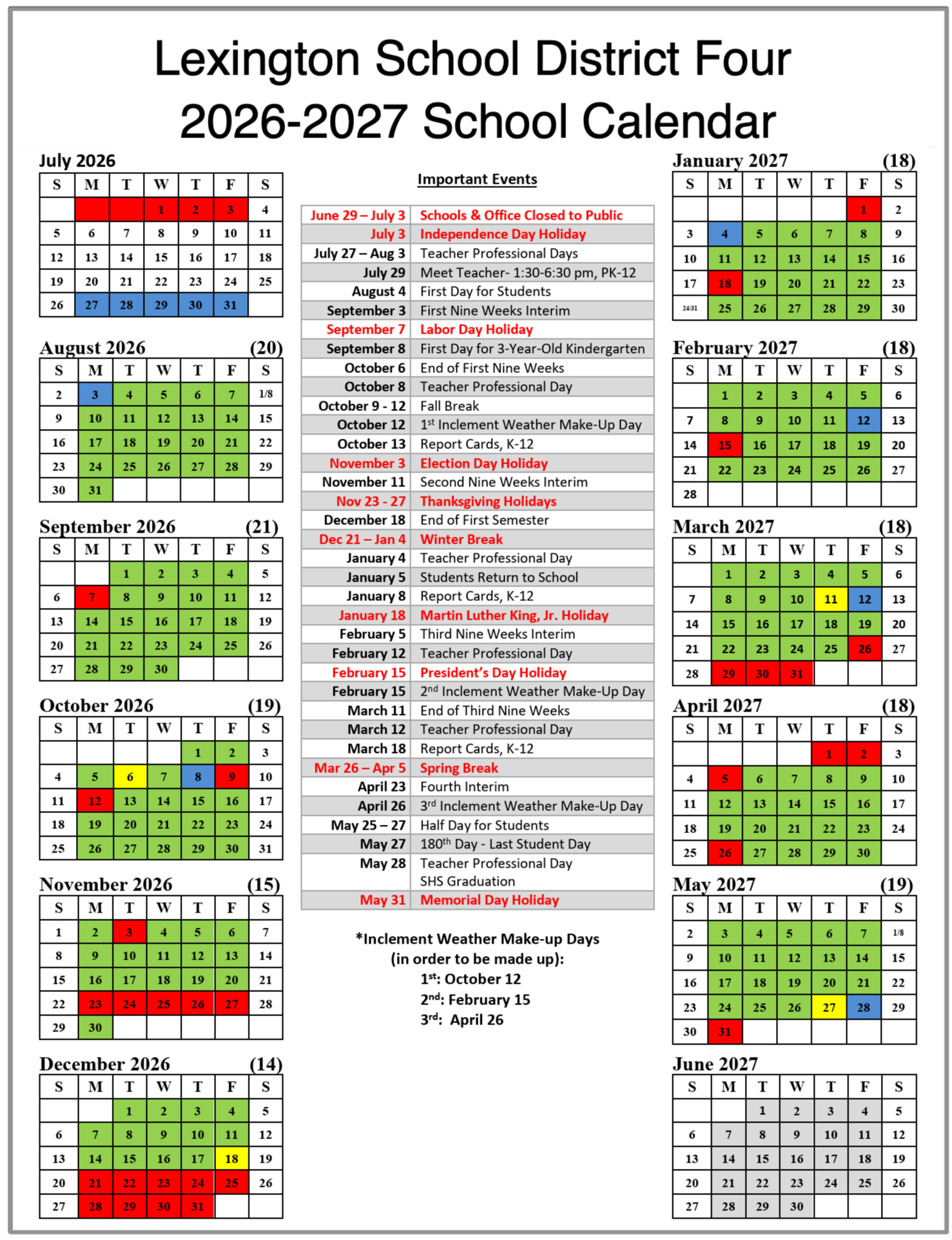Lexington 4 - 2026-2027Academic Calendar