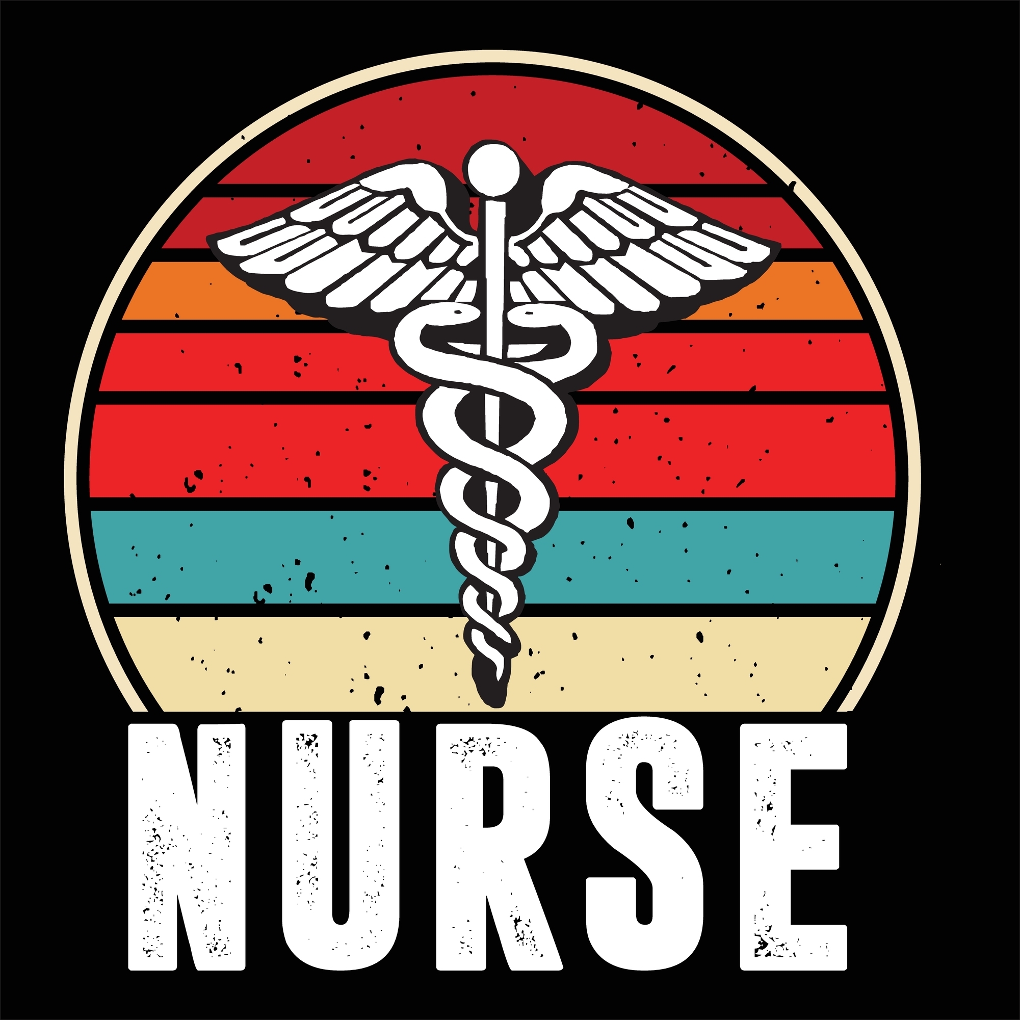 A caduceus against a striped background; Nurse