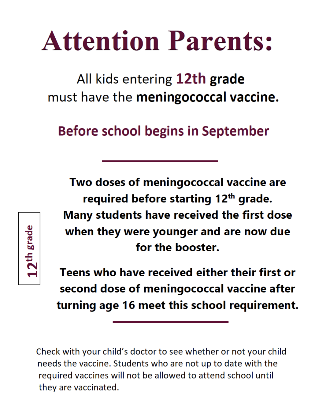 Vaccine requirements for 12th graders include meningococcal vaccine