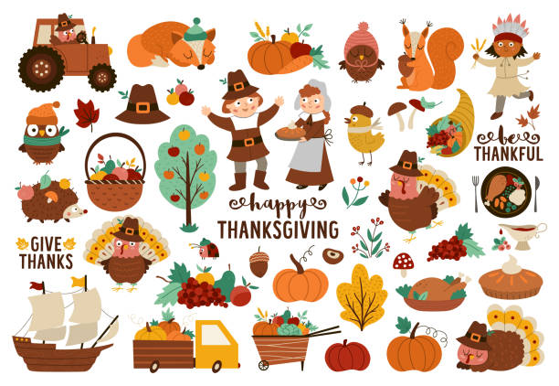 Thanksgiving illustration with pumpkins, pilgrims and veggies