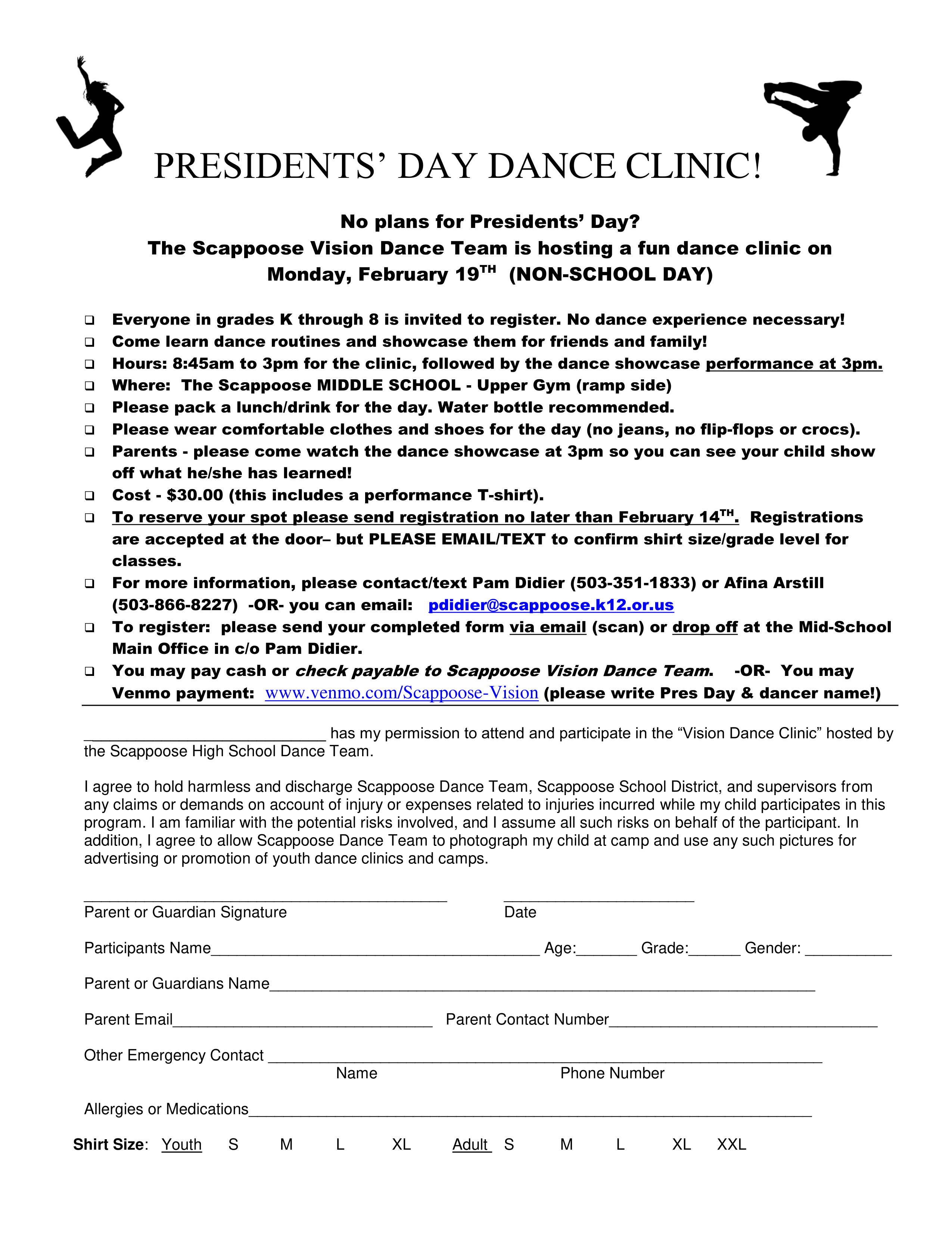 Scappoose Dance Clinic Sign up form