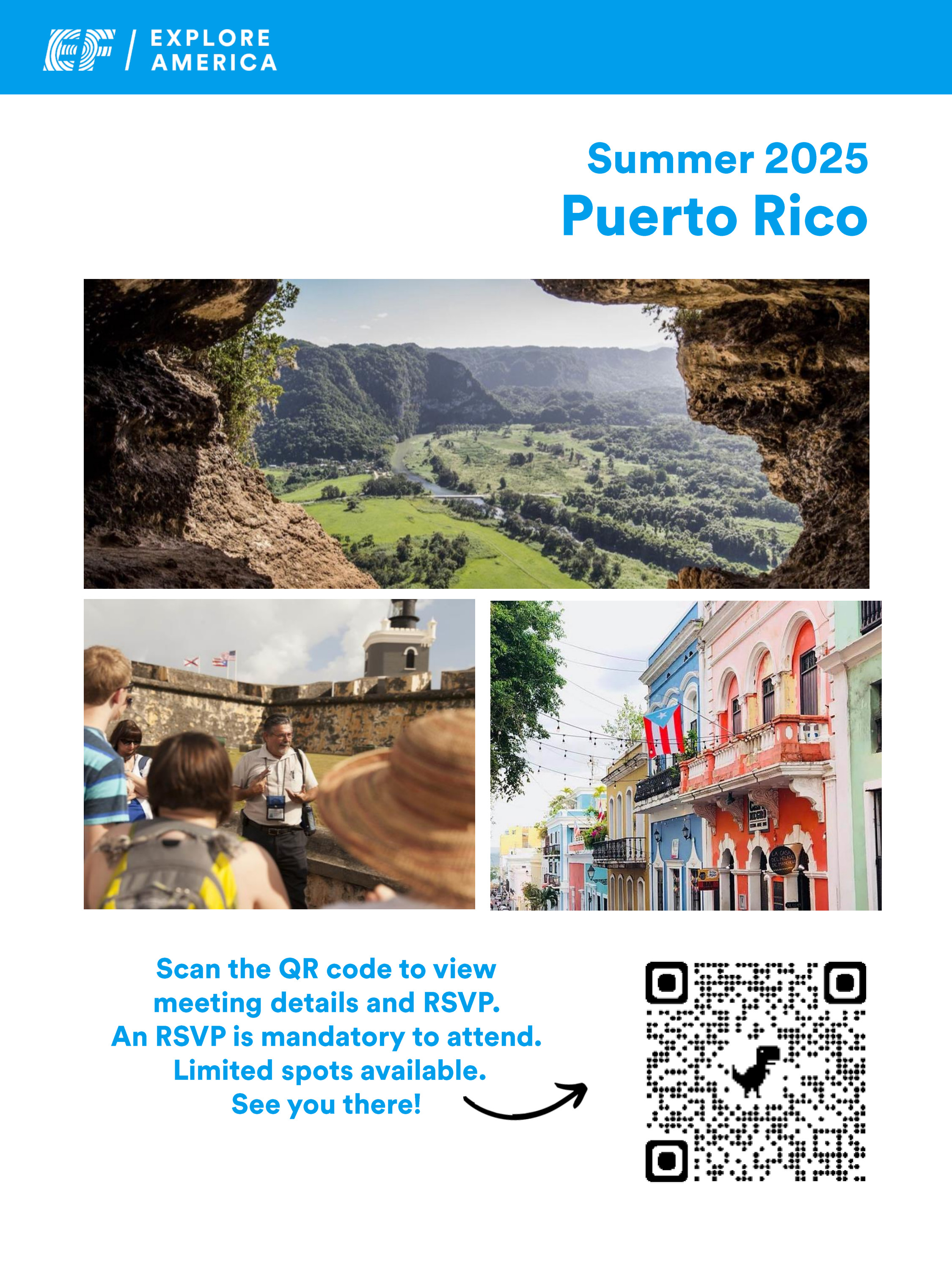 summer 2025 Puerto Rico trip for middle school flyer with QR code