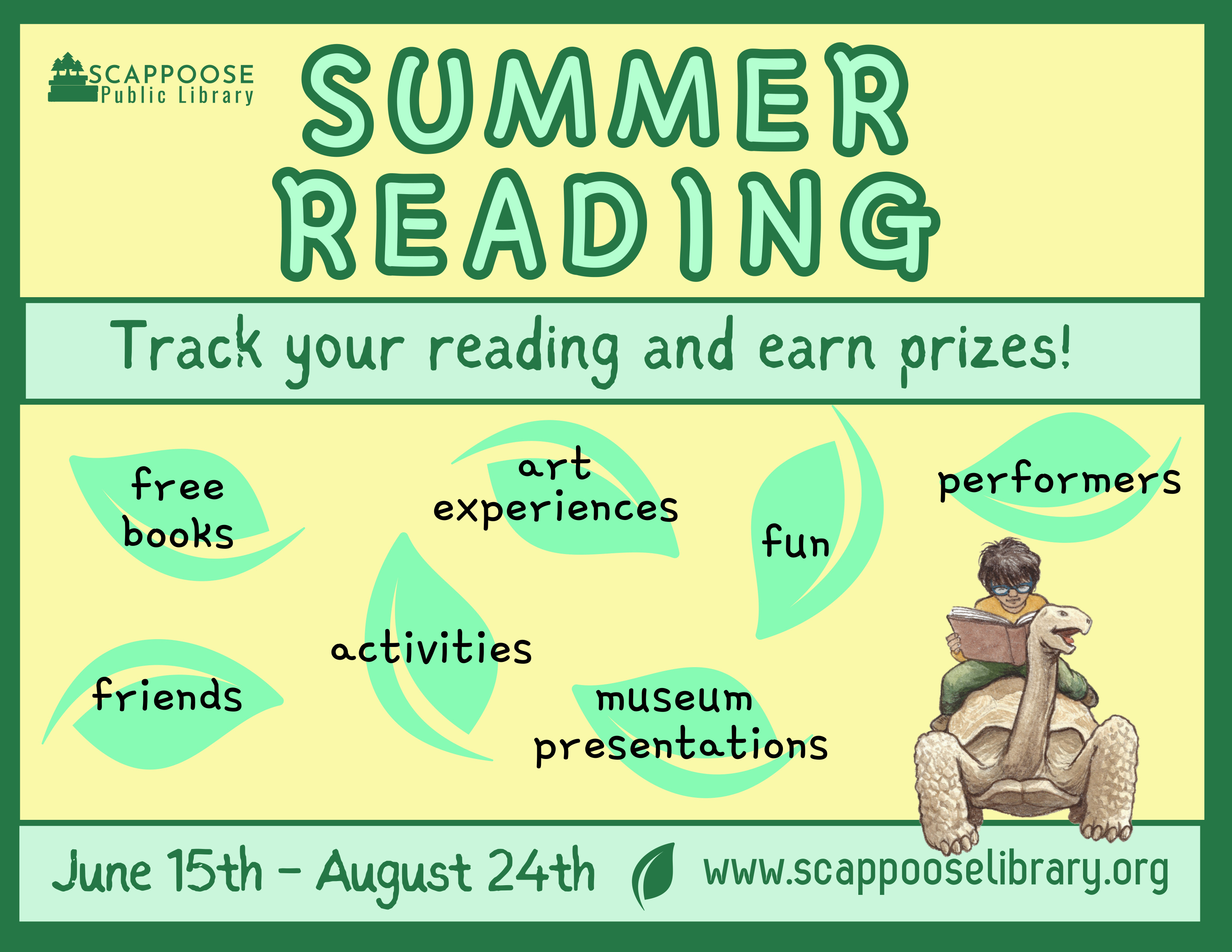 Scappoose library summer reading flyer, green and yellow